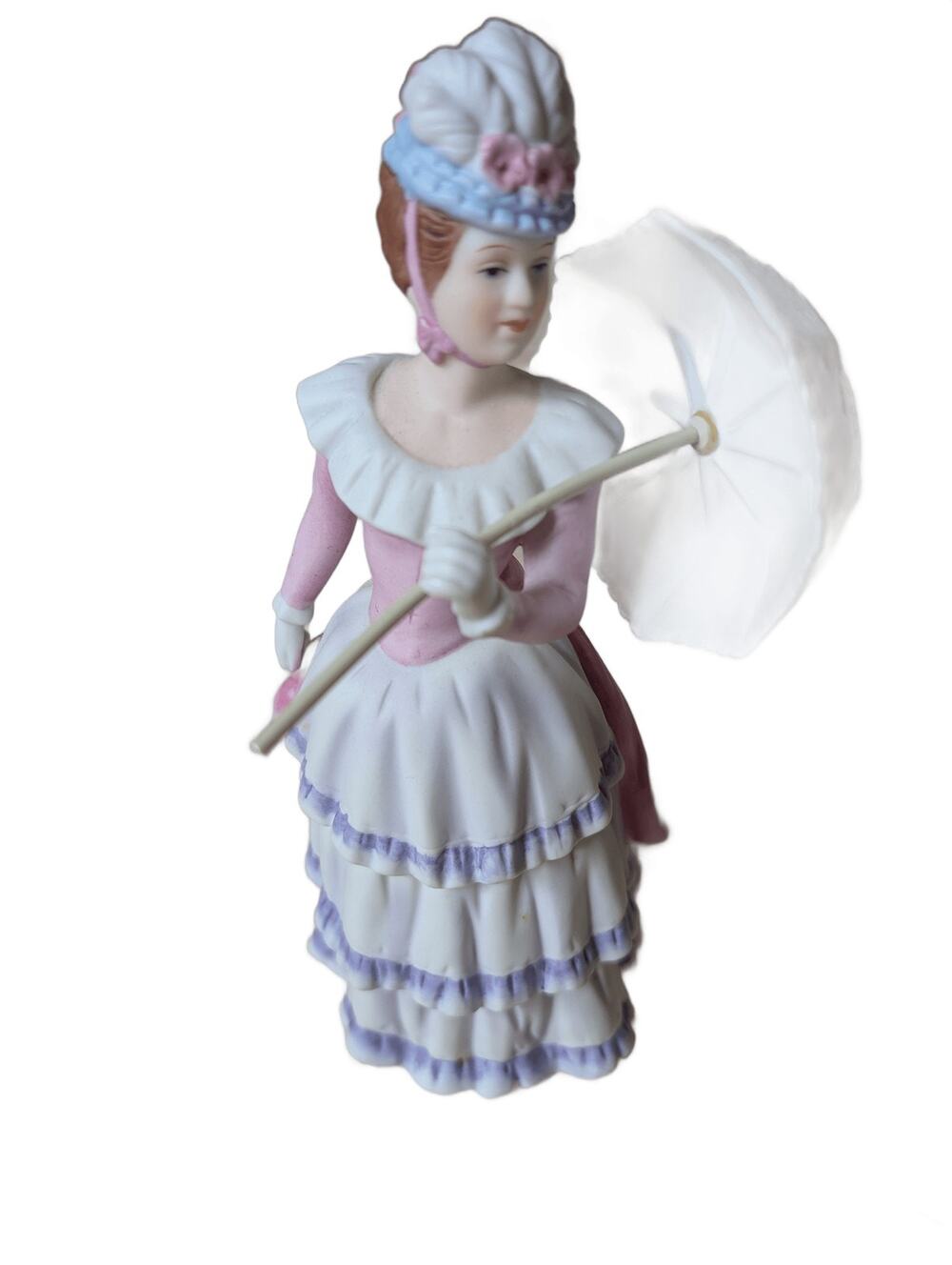 Victorian Lady Parasol Bisque Porcelain Figurine Pink Purple Ruffled Dress